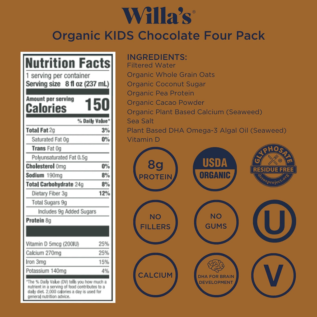 Front label of Willa's Organic Oat Milk shows organic ingredients and kid-friendly packaging.
