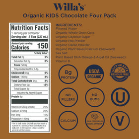 Front label of Willa's Organic Oat Milk shows organic ingredients and kid-friendly packaging.