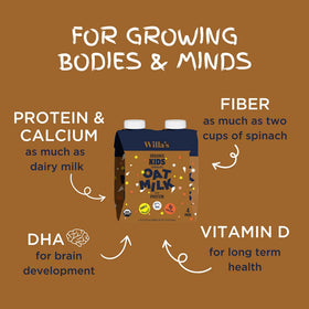Pouring Willa's Kids Chocolate Oat Milk, ideal for smoothies and breakfast.