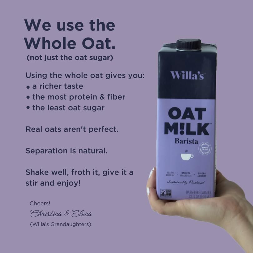 Willias Organic Barista Oat Milk bottle on kitchen counter beside coffee setup