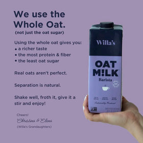 Willias Organic Barista Oat Milk bottle on kitchen counter beside coffee setup