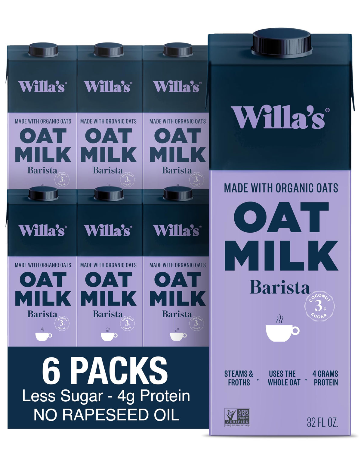Willias Organic Barista Oat Milk bottle pouring into a coffee cup for creamer