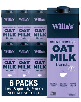 Willias Organic Barista Oat Milk bottle pouring into a coffee cup for creamer