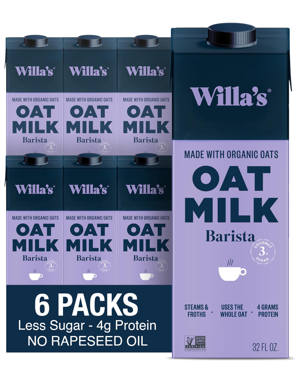 Willias Organic Barista Oat Milk bottle pouring into a coffee cup for creamer