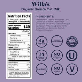 Willias Organic Barista Oat Milk carton label shows unsweetened and organic
