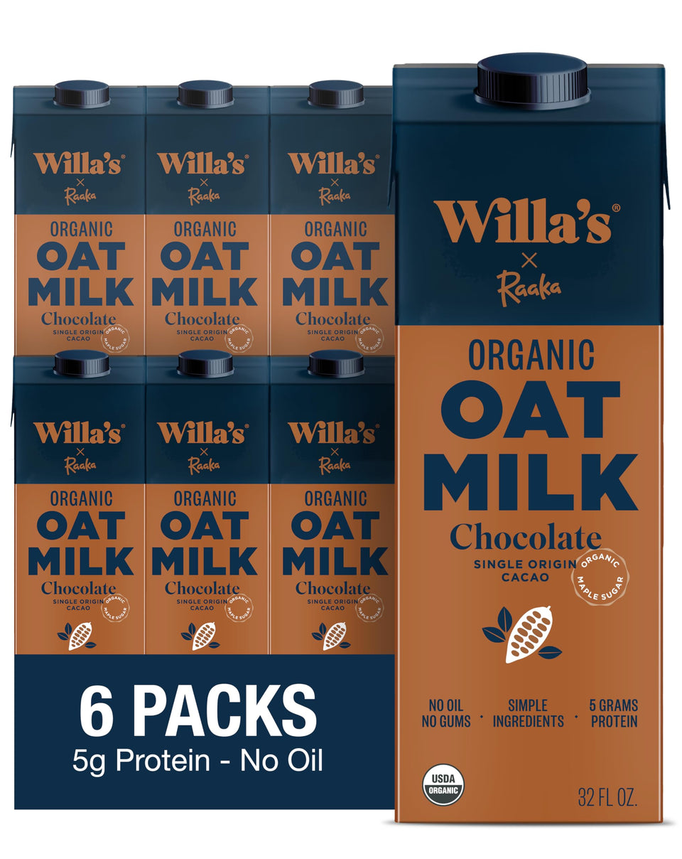 Willa's Organic Chocolate Oat Milk bottle pour shows creamy, low-sugar coffee creamer.