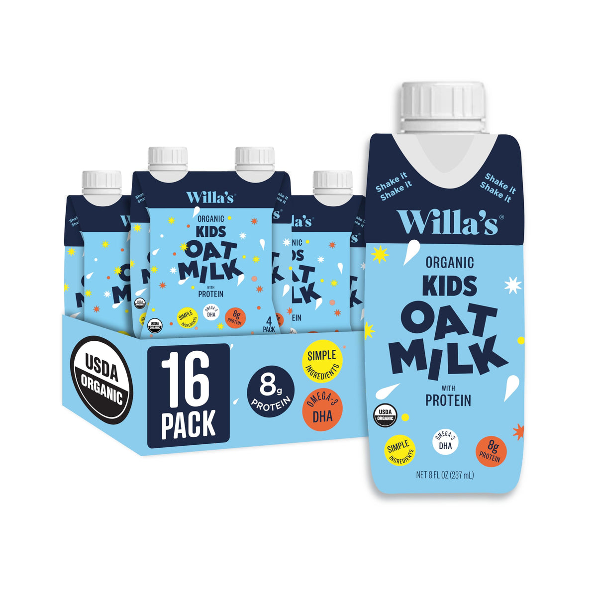 Willa's Organic Kids Oat Milk bottle pour highlights protein-rich plant-based milk