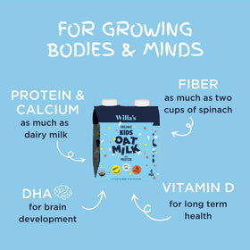 Willa's Organic Kids Oat Milk carton front shows dairy-free packaging for school