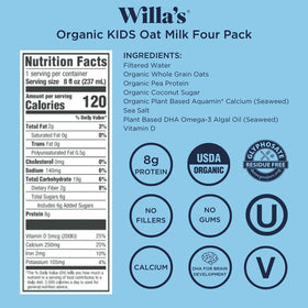 Willa's Organic Kids Oat Milk nutrition facts panel highlights protein and calcium