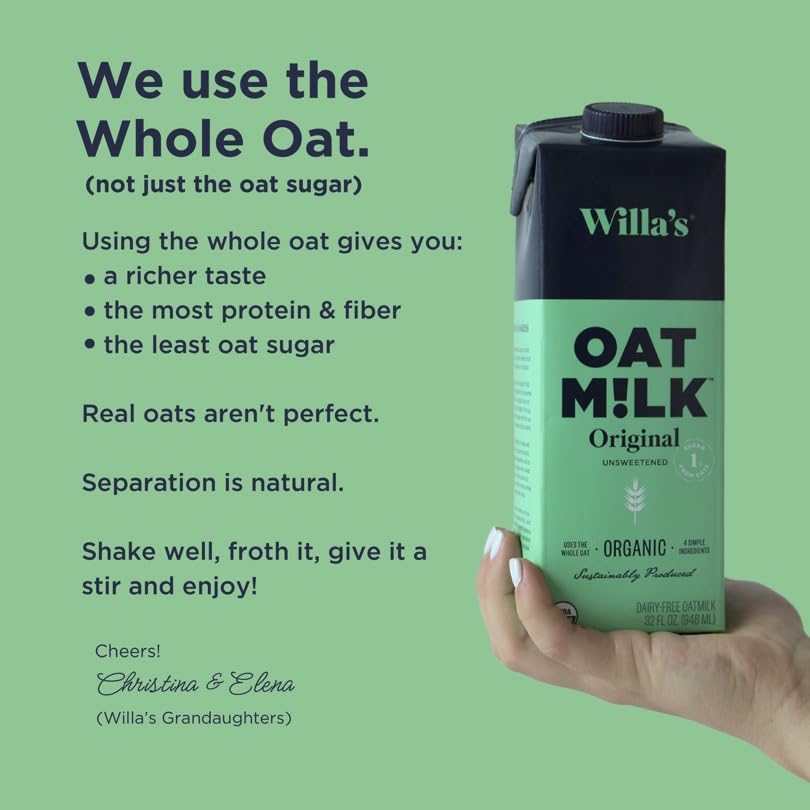 Willa's Organic Oat Milk ingredients label highlights simple organic oats