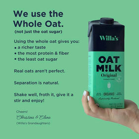Willa's Oat Milk Non-GMO USA-made label highlighting trusted ingredients.