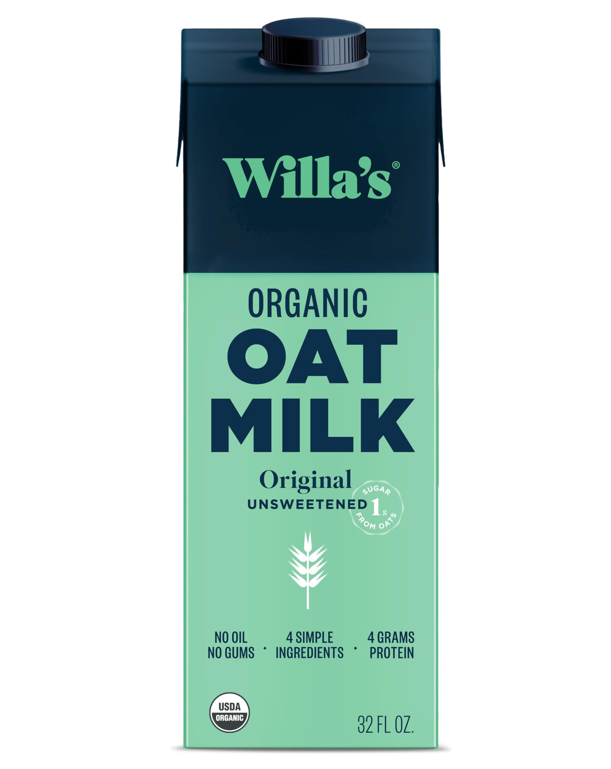 Willa's Organic Oat Milk Original Unsweetened bottle, ideal for coffee and cereals.