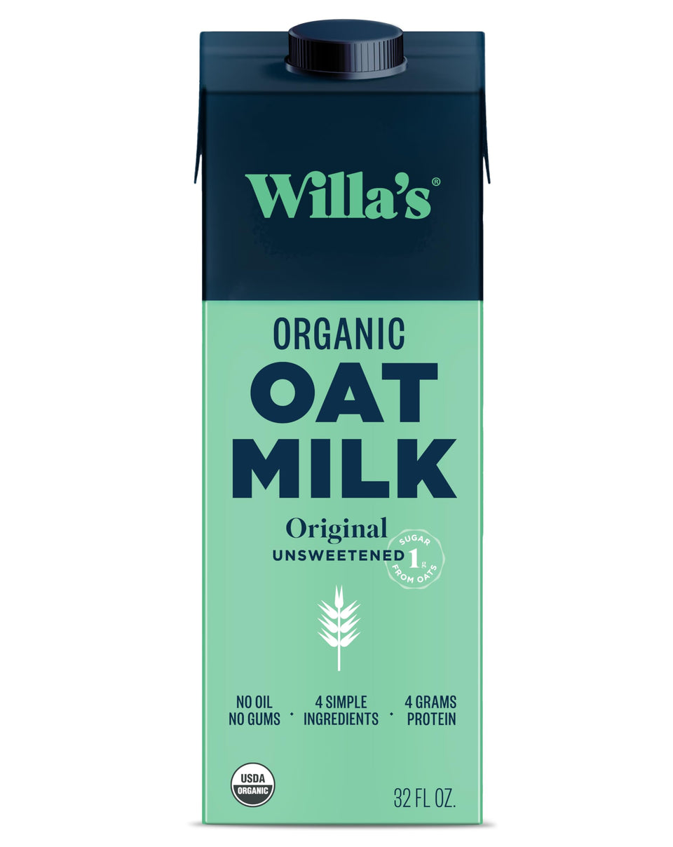 Willa's Organic Oat Milk Original Unsweetened bottle, ideal for coffee and cereals.