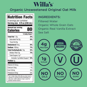 Willa's Organic Oat Milk shelf-stable packaging for pantry use