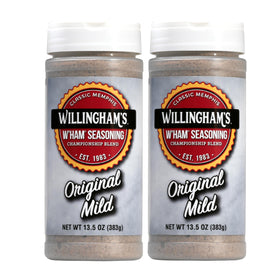 Willingham's Original Mild seasoning bottle pour, ideal for ribs and pork.