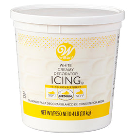 Wilton creamy white decorator icing tub pour for smooth cake coverage.