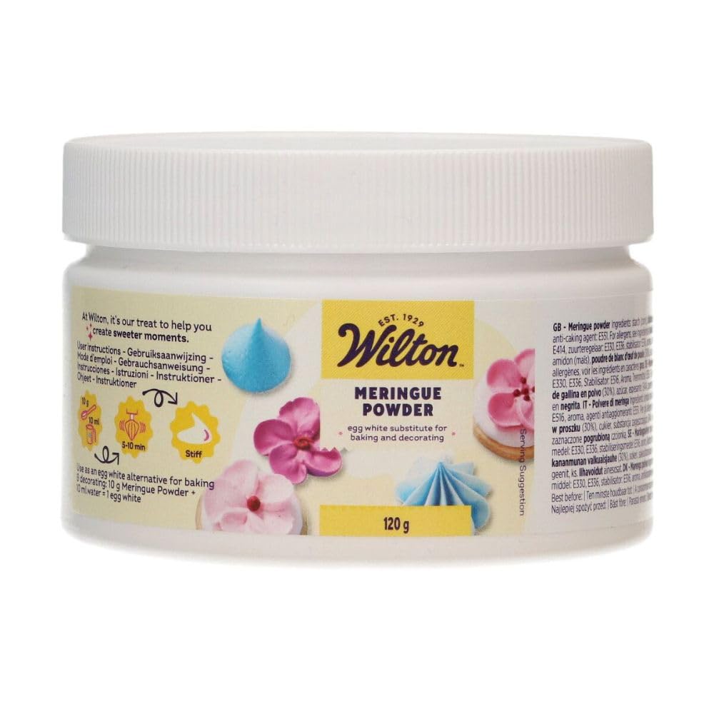 Wilton meringue powder 4 oz can for stabilizing royal icing and meringue.