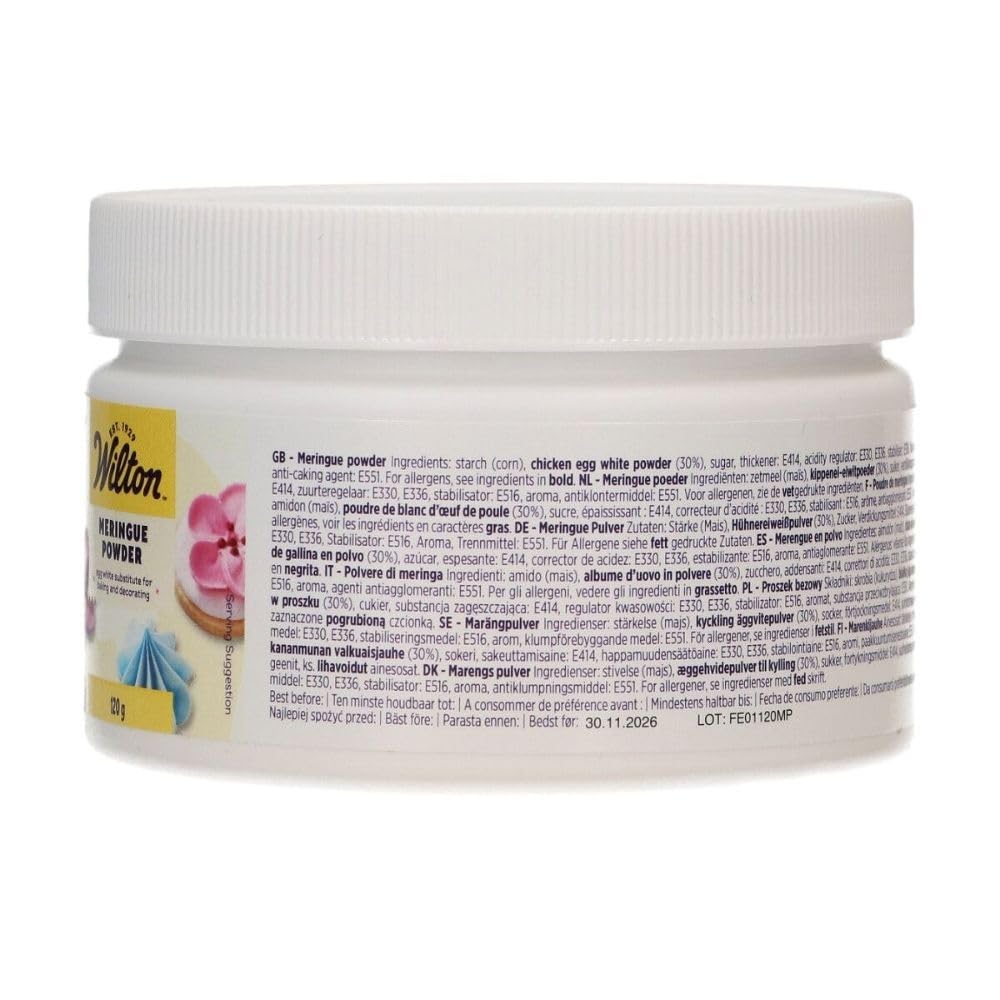 Wilton meringue powder container with resealable lid for easy measuring.