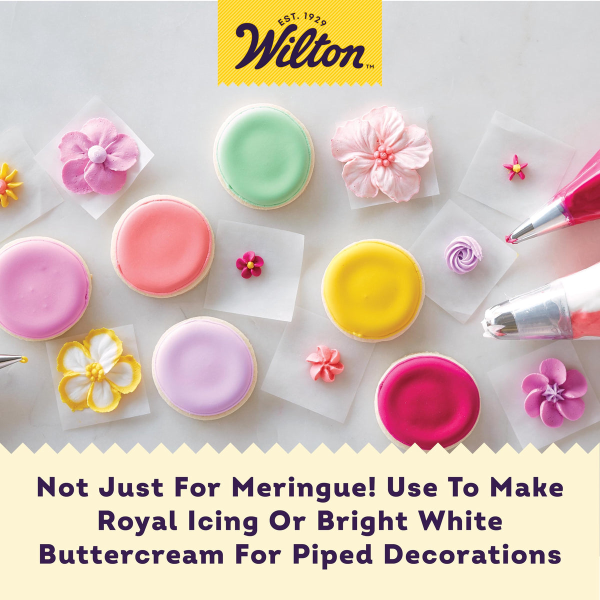 Wilton Meringue Powder royal icing for smooth piping and precise decorations.