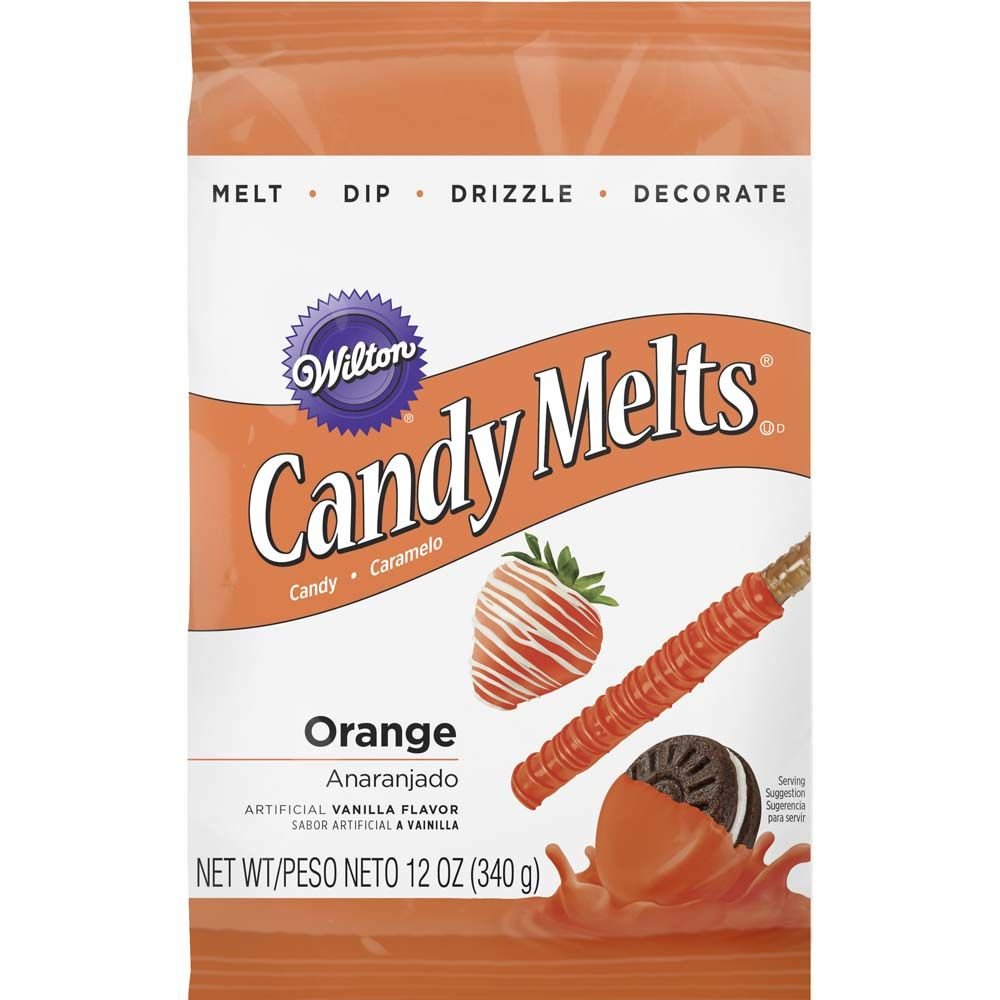 Wilton Orange Candy Melts 12-oz package for easy candy making and decorating.