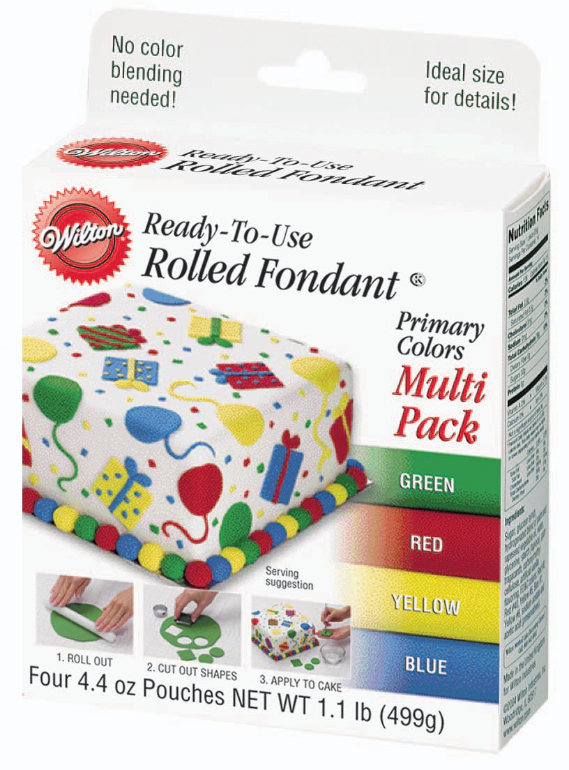Wilton Primary Colors Fondant four-pouch set provides ready-to-use decorating colors