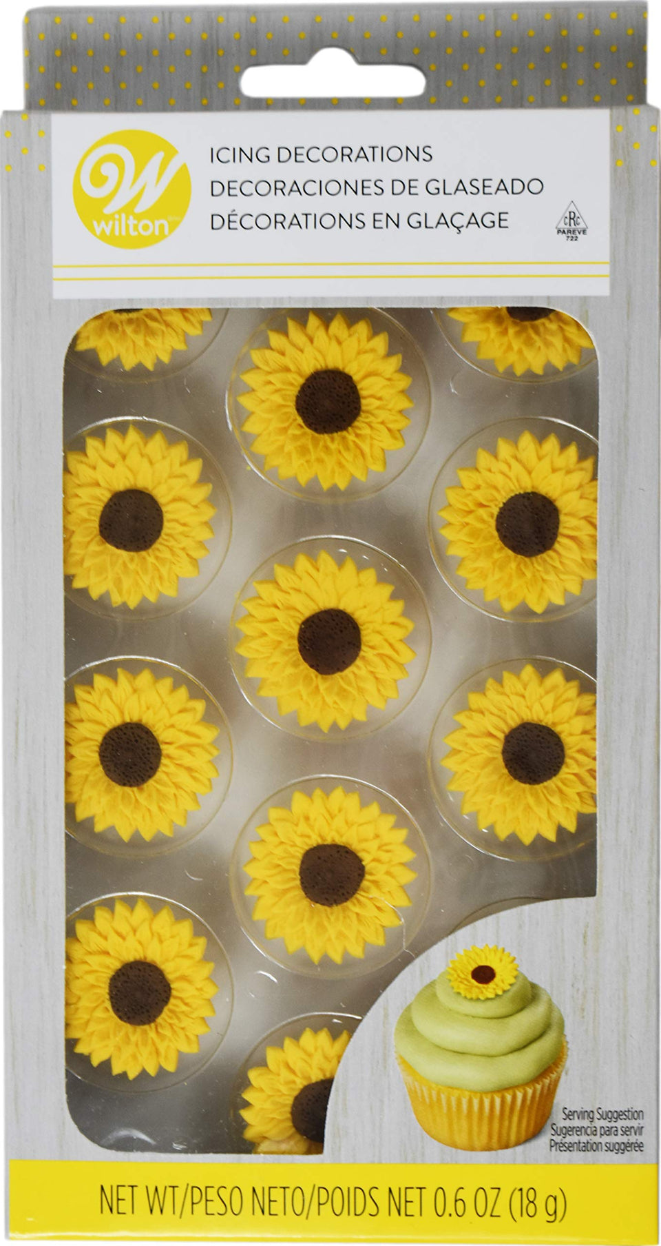Wilton Sunflower Icing Decorations closeup on cupcake toppers for eye-catching desserts