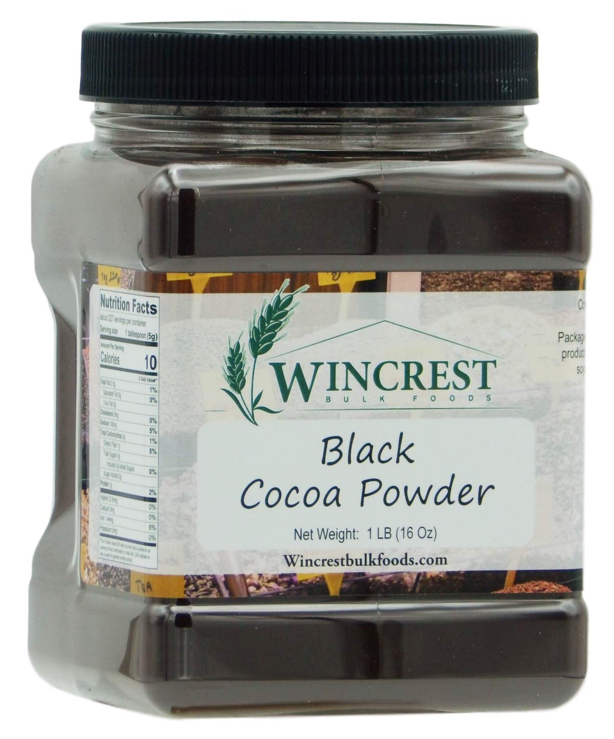 WinCrest Black Cocoa Powder 1lb container highlighting rich color for cookies and desserts.