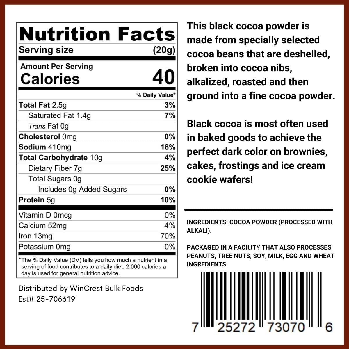 WinCrest Black Cocoa Powder packaging image shows premium quality for baking chocolate treats.
