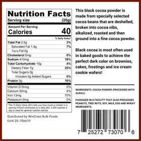 WinCrest Black Cocoa Powder packaging image shows premium quality for baking chocolate treats.