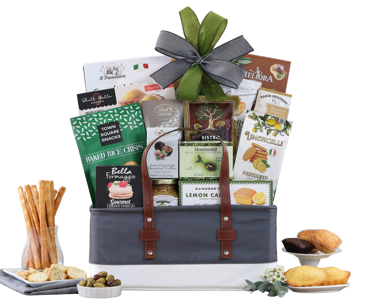 Wine Country Gift Baskets Connoisseur basket close-up, gourmet snacks for celebrations