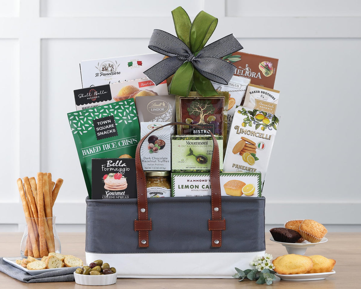 Wine Country Gift Baskets Connoisseur basket layout highlights savory bites for entertaining
