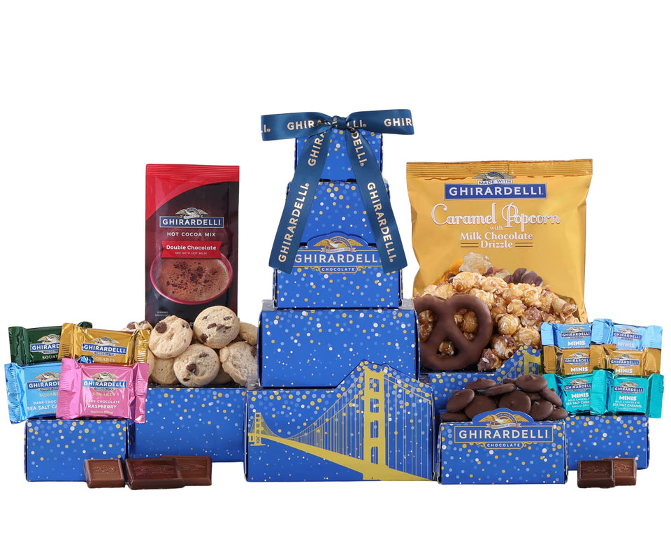 Wine Country Gift Baskets Ghirardelli Tower packaging, ideal for gifting on special occasions.