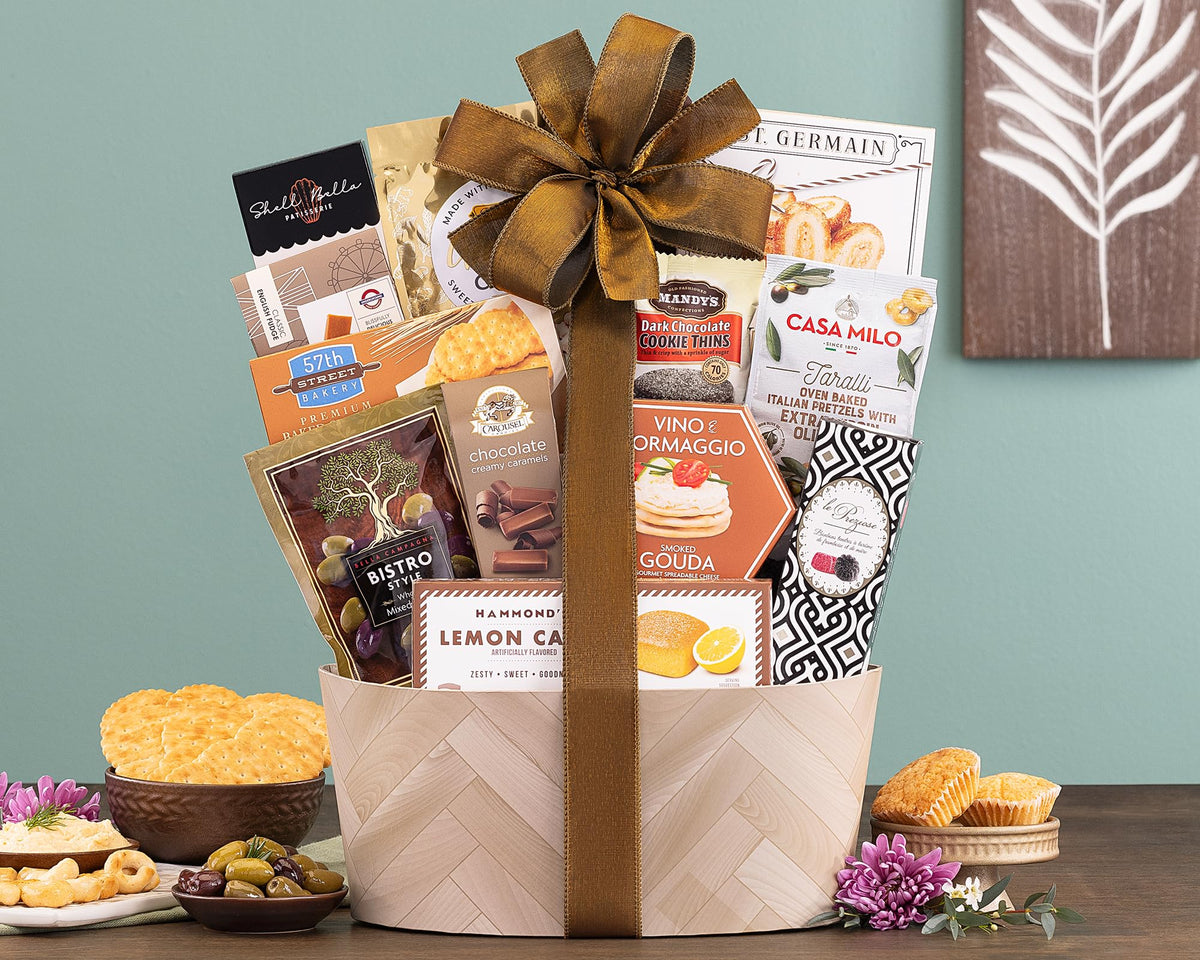 Wine Country Gift Baskets gourmet-snack-tray displays variety for celebrations and gatherings.