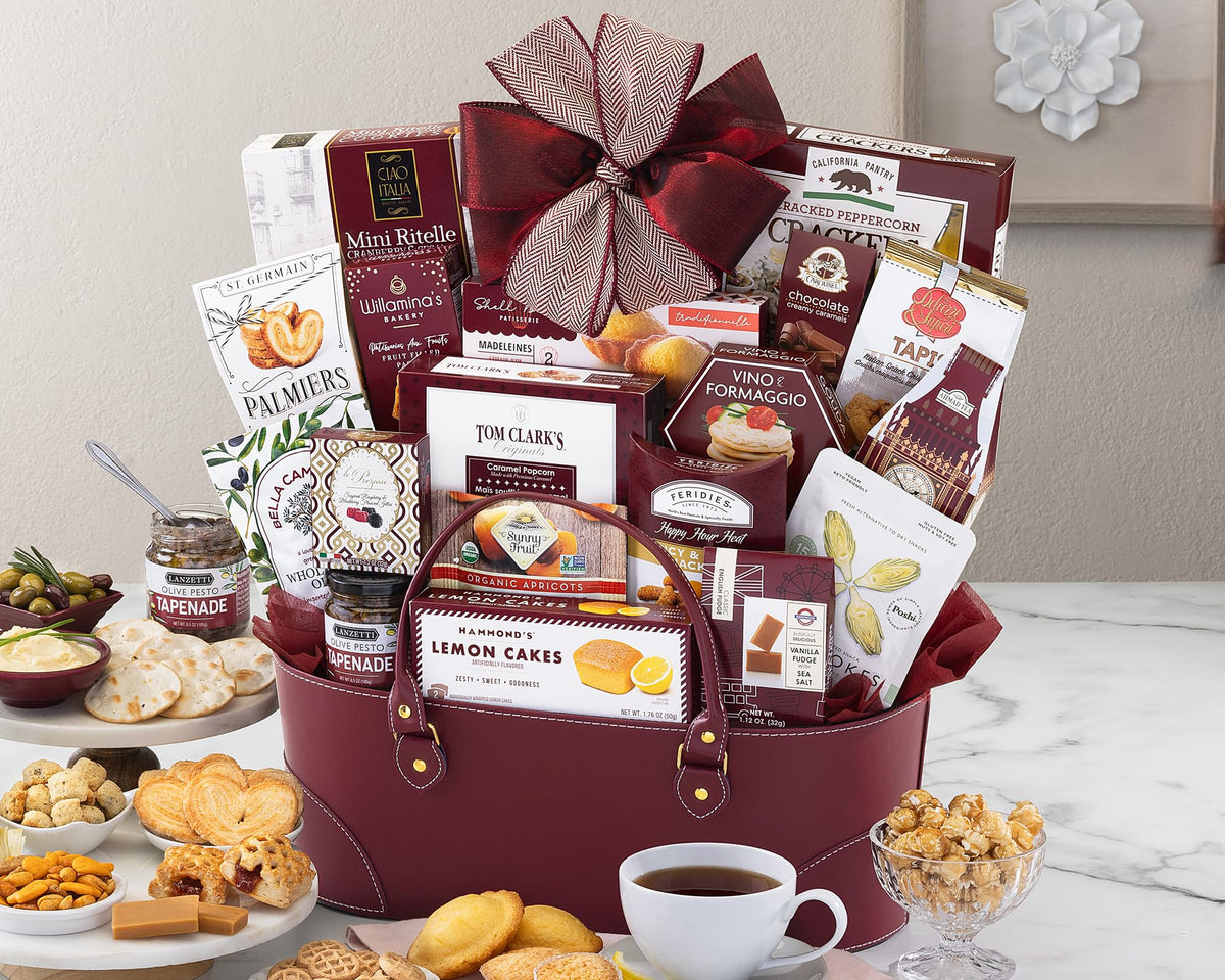 Wine Country Gift Baskets premier basket interior showing chocolates, crackers, and tea