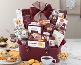Wine Country Gift Baskets premier basket interior showing chocolates, crackers, and tea