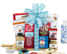 Wine Country Gift Baskets gourmet salami and cheese on a bamboo board for entertaining.