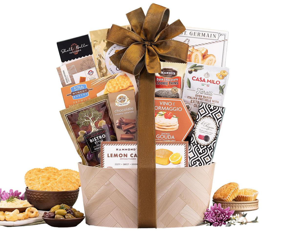 Wine Country Gift Baskets sweet and savory basket cover highlights gourmet snacks for gifting.