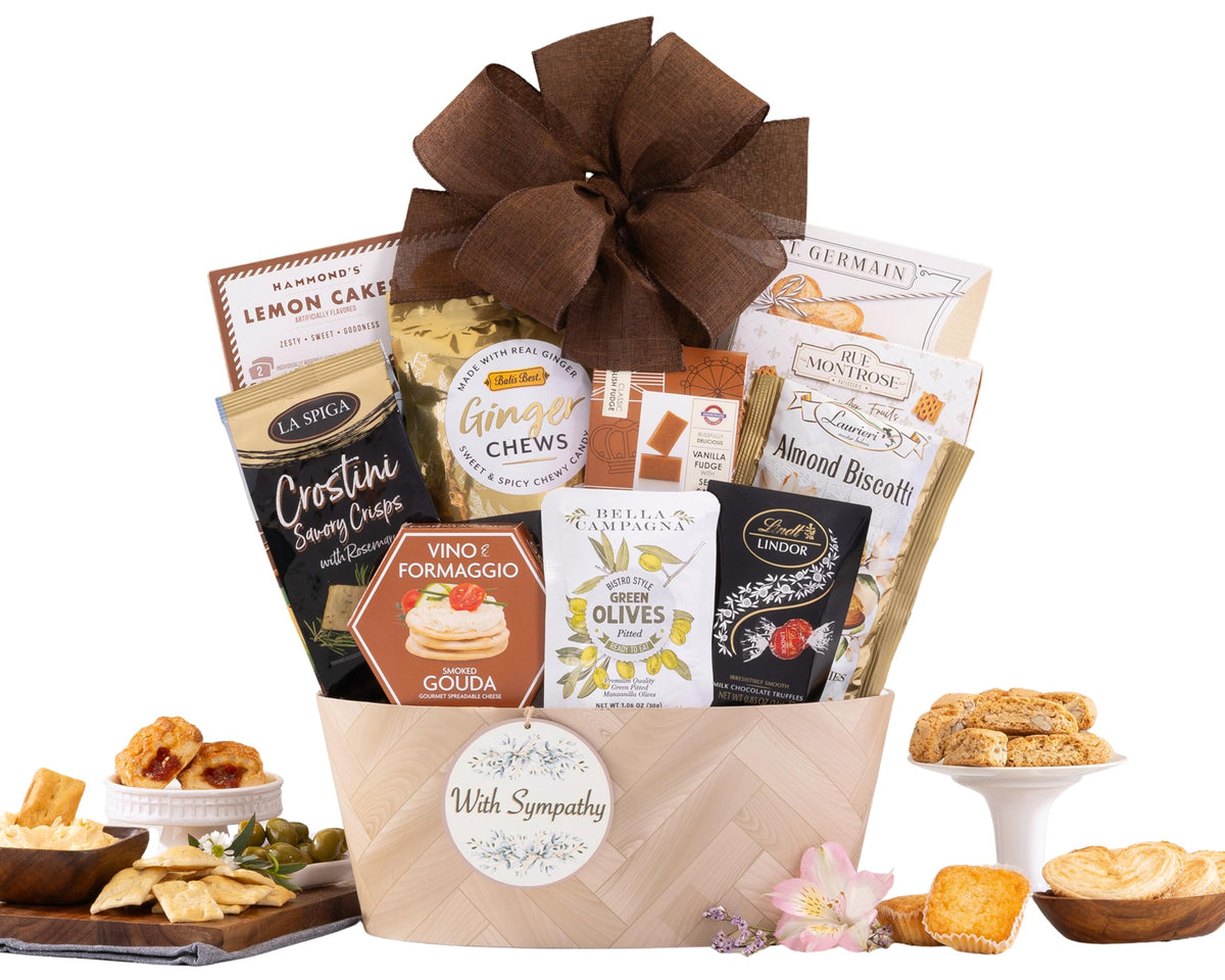 Wine Country Gift Baskets sympathy gift basket front view conveys heartfelt support with gourmet treats