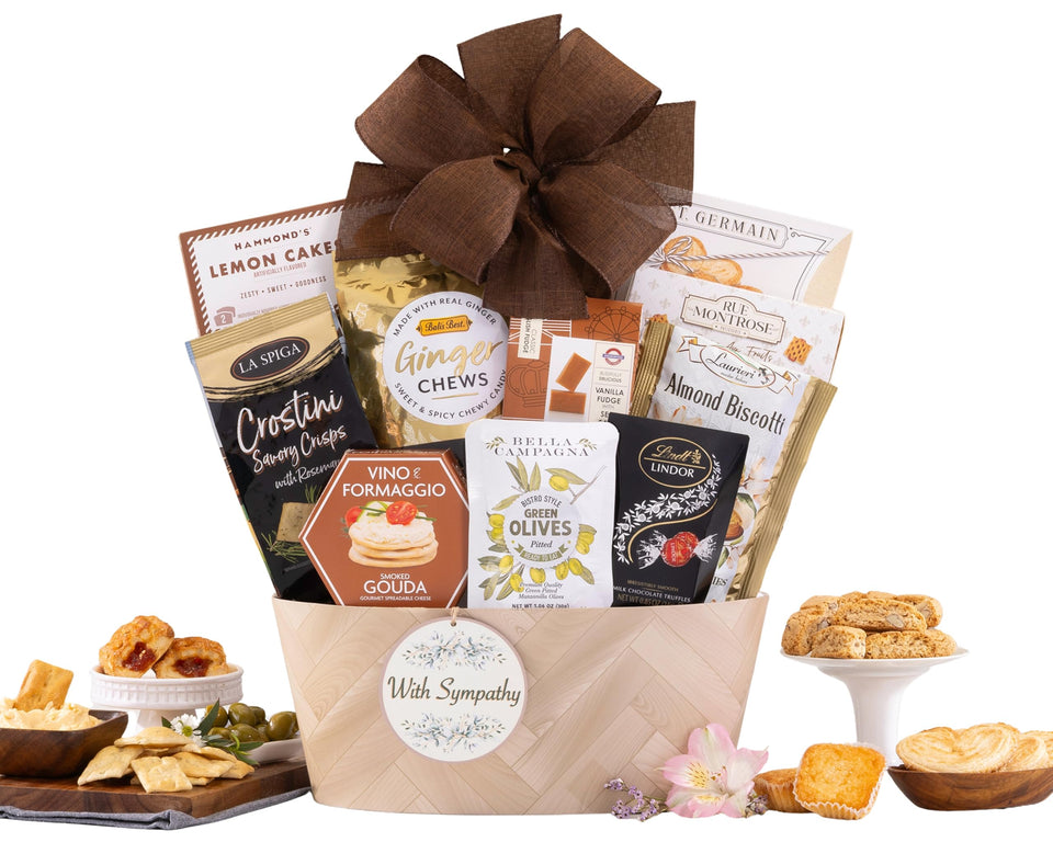 Wine Country Gift Baskets sympathy gift basket front view conveys heartfelt support with gourmet treats