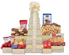 Tower of Sweets front display showing gift-ready packaging for celebrations by Wine Country Gift Baskets.