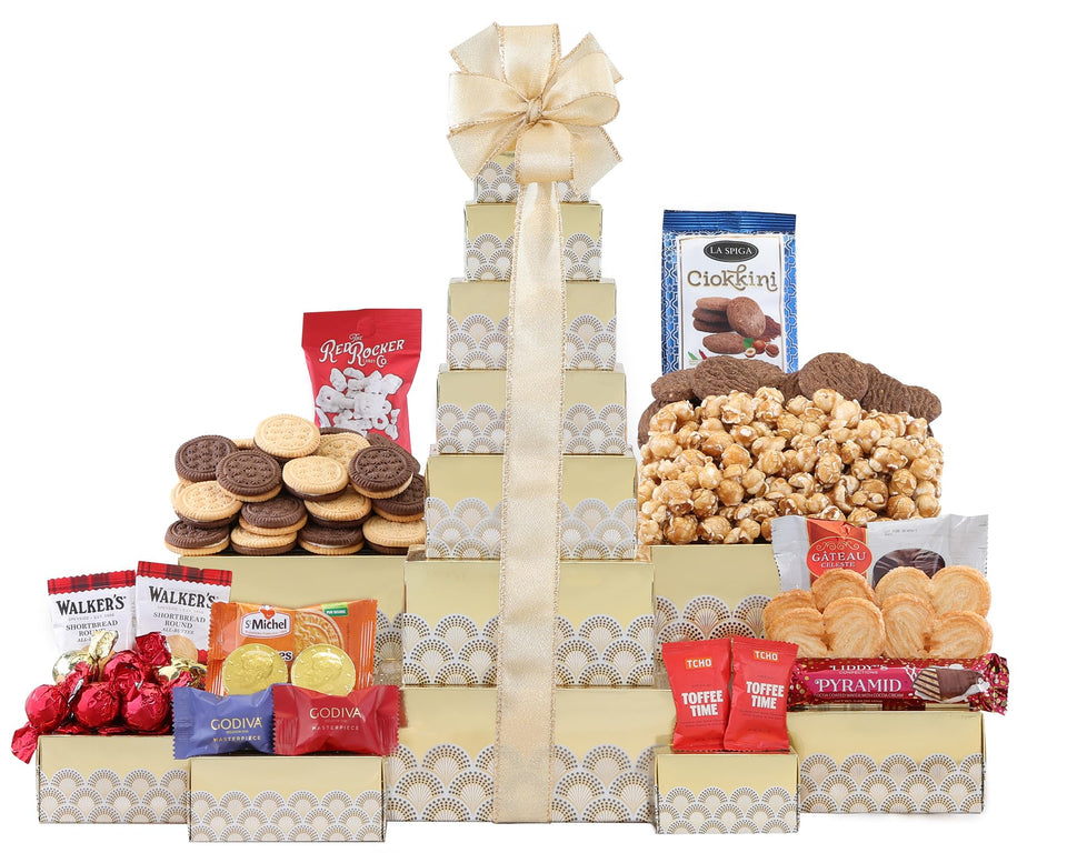 Tower of Sweets front display showing gift-ready packaging for celebrations by Wine Country Gift Baskets.