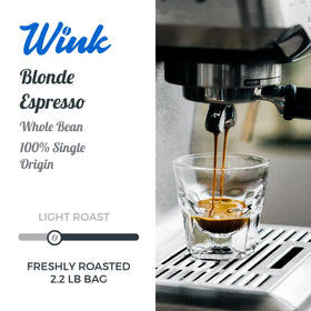 Close-up of Wink Coffee Blonde Espresso beans showing Colombian Arabica quality
