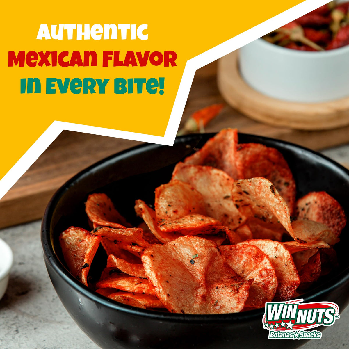 Close-up of WINNUTS A la Diabla chips showing thick-cut crisp texture.