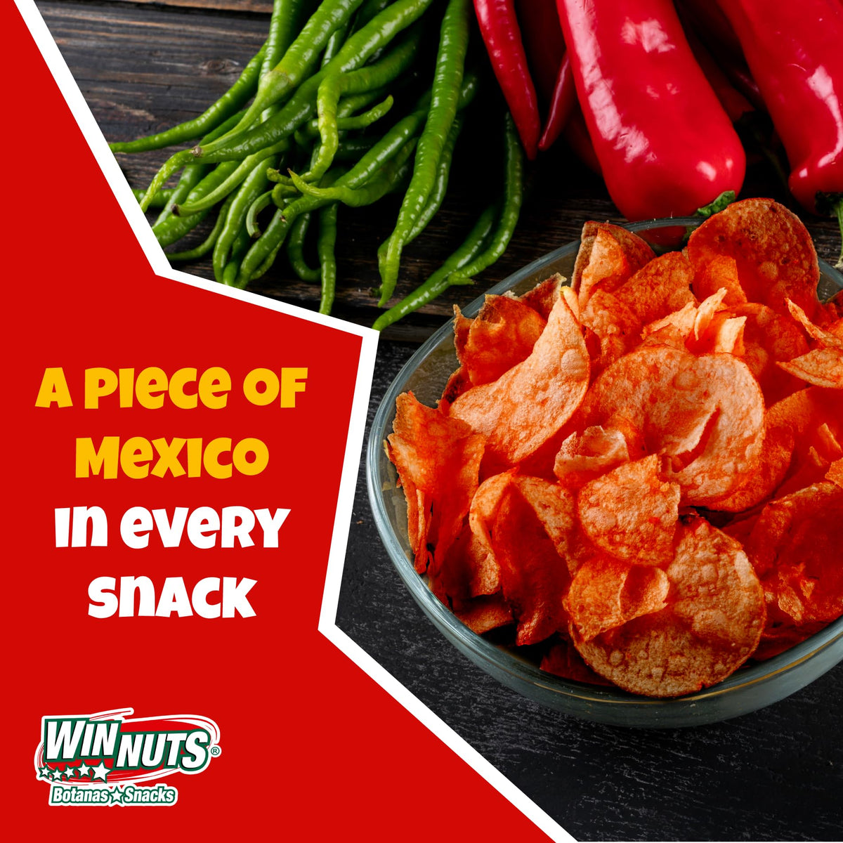 WINNUTS A la Diabla chips with red chili dust detail and color.