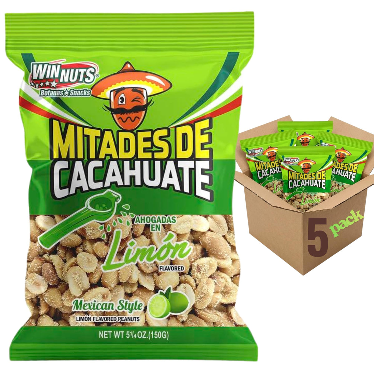 WINNUTS Lemon Peanuts Halves packaging shows a ready-to-share 5-pack for gatherings.