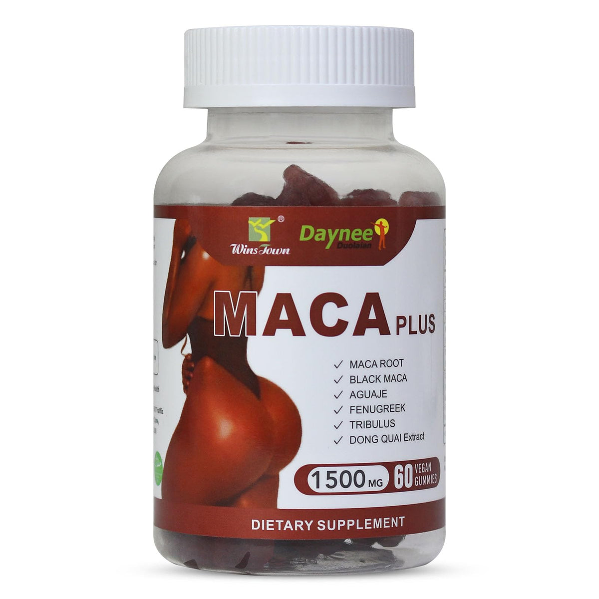 Wins Town Maca Plus gummies bottle showing mixed fruit flavor for daily energy