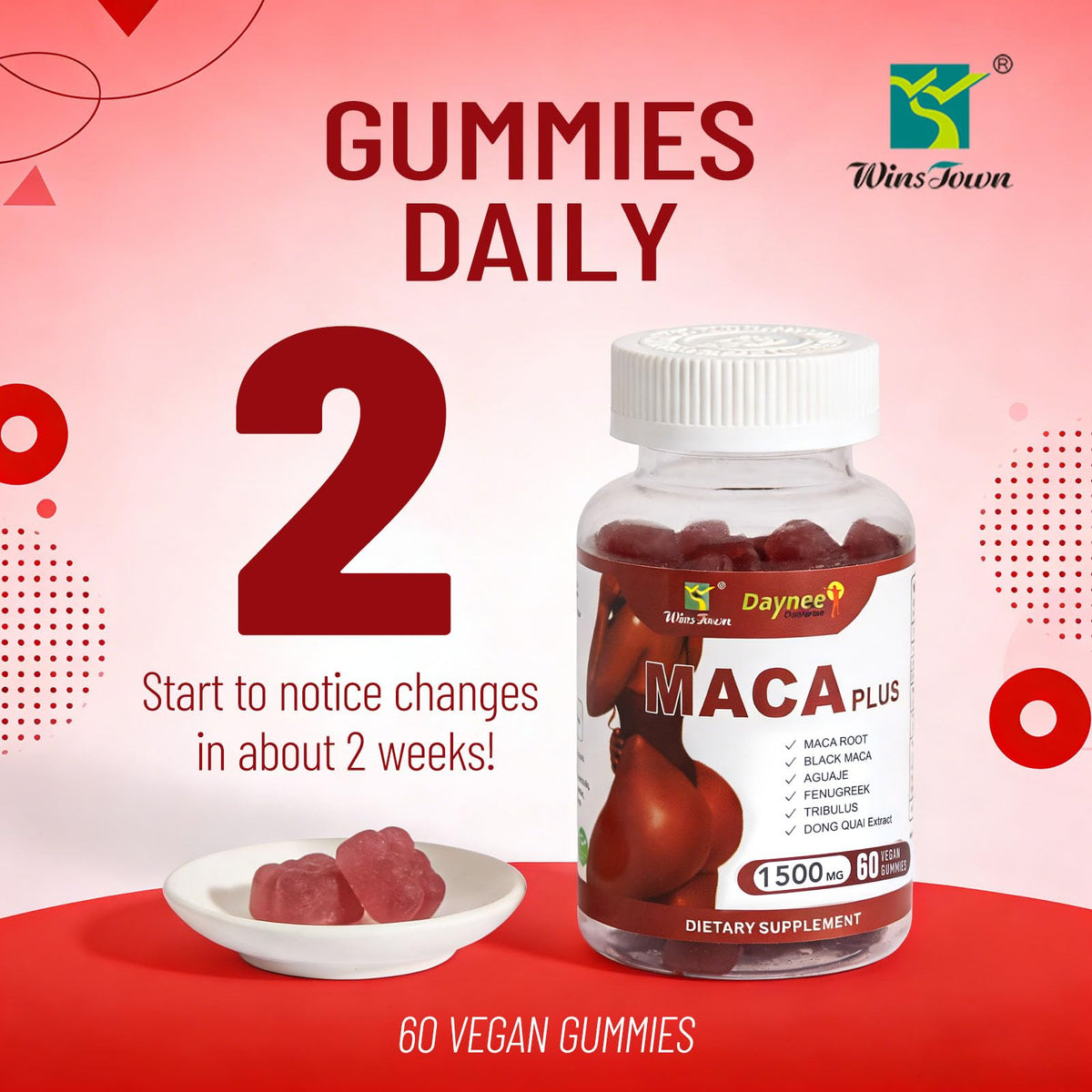 Label close-up on Wins Town Maca Plus ingredients for clean vegan formula
