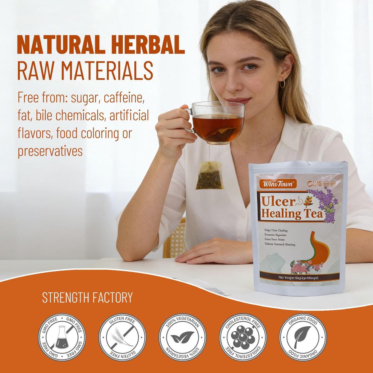 Wins Town Ulcer Healing Tea steaming cup suggests a soothing moment after meals