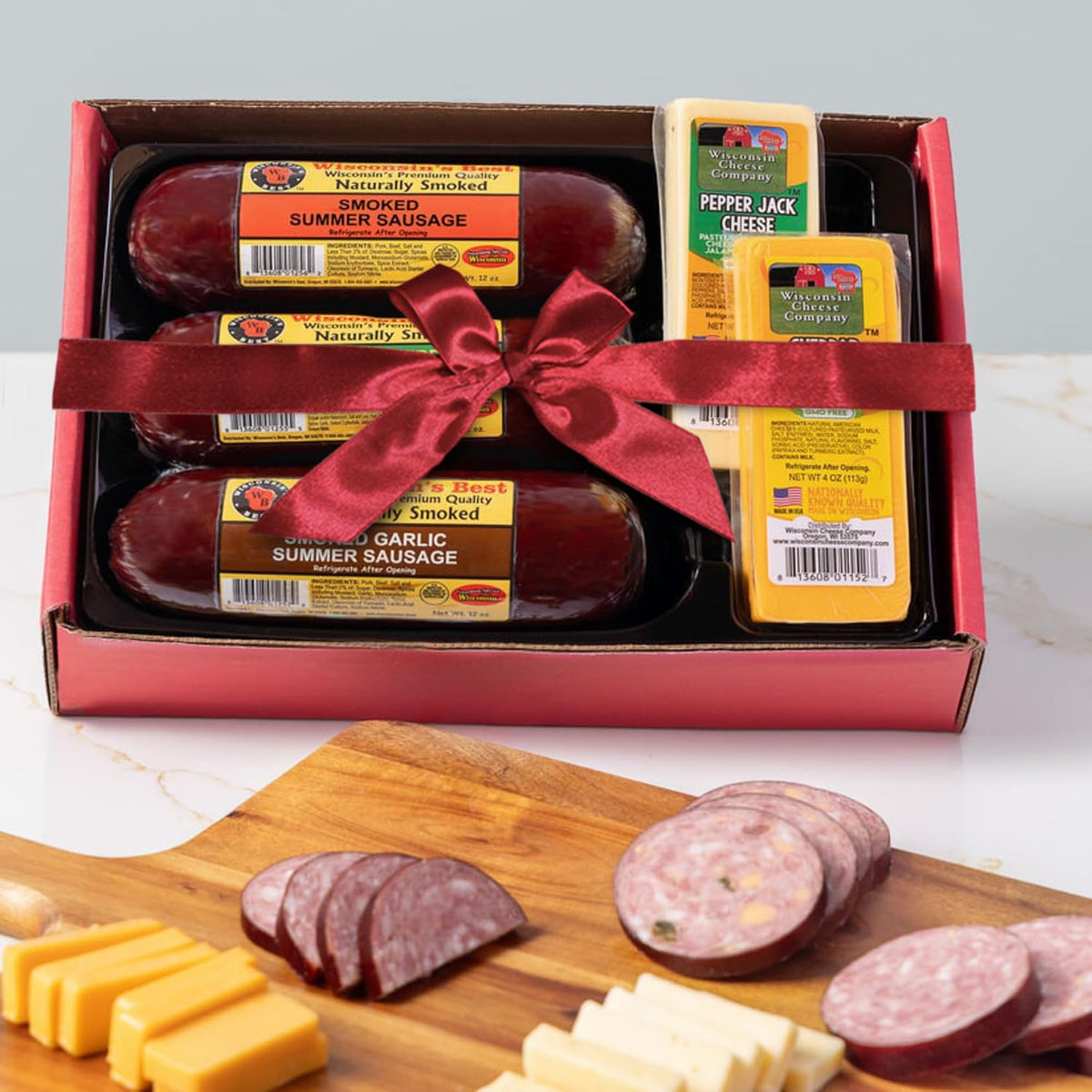 Wisconsin Cheese Company cheddar block close-up highlights creamy texture and color.