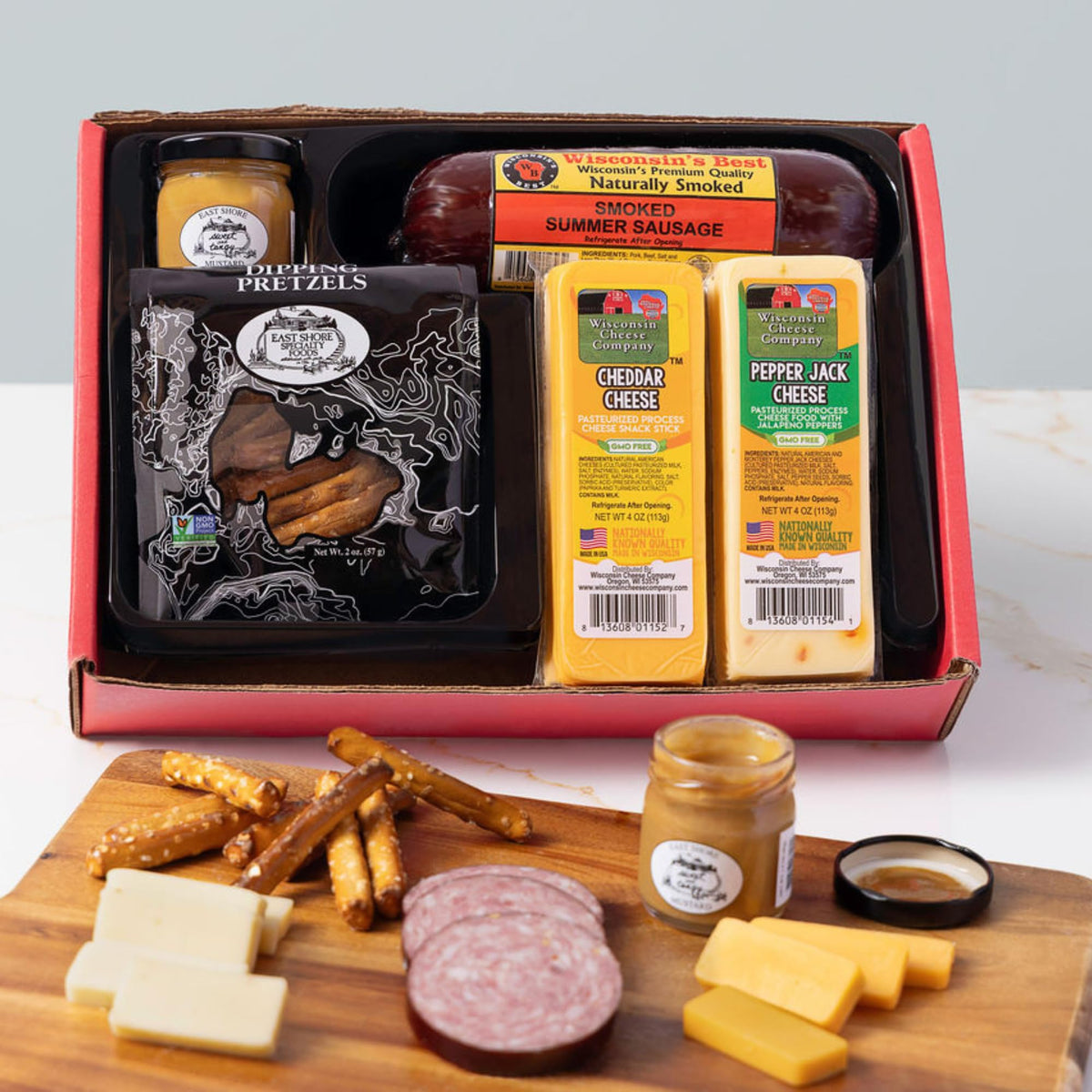 Wisconsin Cheese Company classic holiday snack box packaging, ideal for gifting and gatherings.